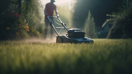 Wall Mural - Gardener mowing the grass with a lawn mower. Generative Ai