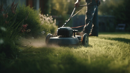 Wall Mural - Gardener mowing the grass with a lawn mower. Generative Ai