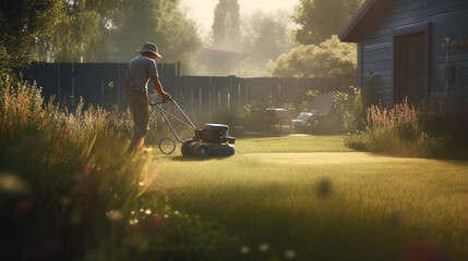 Wall Mural - Gardener mowing the grass with a lawn mower. Generative Ai