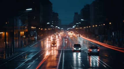 Canvas Print - Highway in the city at night with cars and lights. Generative Ai
