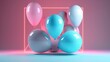 © RocknRoller Studios - Blue and Pink Balloons illuminated with Neon Lights. Generative AI.