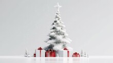 Snowy Christmas Tree With Red And White Gifts. Holiday Concept On White Background. Generative AI.