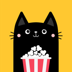 Poster - Black cat and popcorn box. Cute cartoon funny character. Cinema theater. Film show. Kitten watching movie. Kids print for tshirt notebook cover. Yellow background. Isolated. Flat design