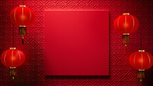 Red Asian Design Background, With Square Frame And Lanterns On 3D Pattern. Chinese New Year Template With Copy-space.