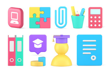 Poster - Education studying analyzing brainstorming bachelor student stationery set 3d icon realistic vector