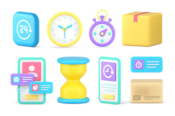 Poster - Parcel post speed delivery service cardboard box time countdown smartphone app set 3d icon vector