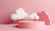 © RocknRoller Studios - Pink Plinth stage with Clouds. Podium background for Product display. Generative AI.