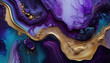 Beautiful Purple and Black Paint Swirls with Gold Powder. Contemporary Marbling Wallpaper. Generative AI.