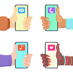 Poster - Hands holding phones with social media vector illustration. People recommending mobile apps for chatting, music and working isolated on white background. Modern technology, social network concept