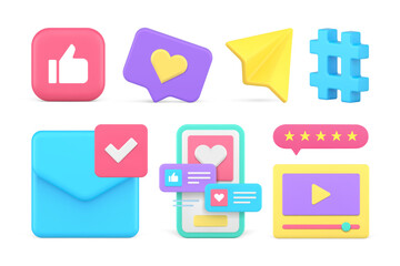 Poster - Social media network digital communication multimedia content interaction set 3d icon vector