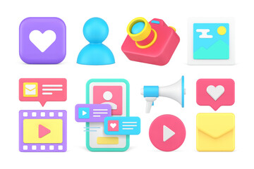 Poster - social media network communication digital chatting cyberspace content set 3d icon realistic vector