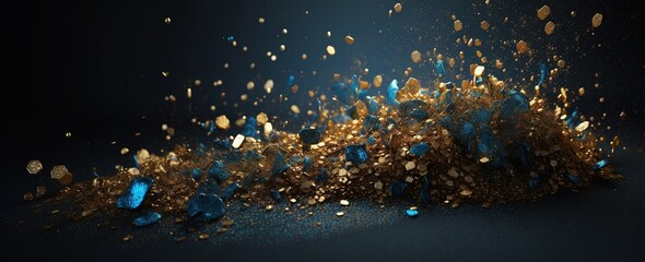 Poster - Gold and blue particles splashing on the table on black background. Generative AI