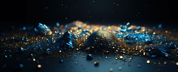 Poster - Gold and blue particles on black background. Generative AI