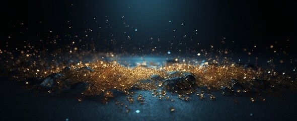 Poster - gold and blue particles in outer space background. Generative AI
