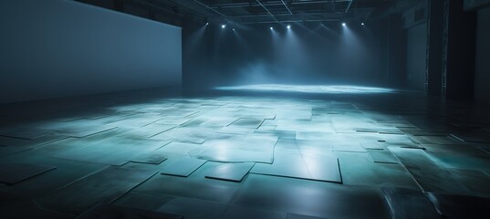 Fototapete - A dark room with a blue background and a light that has been set on a stage. Generative AI