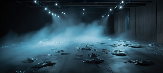 Poster - A dark room with a blue background and a light that has been set on a stage. Generative AI