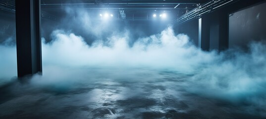 Poster - A dark room with a blue background and a light that has been set on a stage. Generative AI