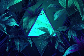 Poster - Cyan color theme triangle shape with plant leaf abstract background. Generative AI