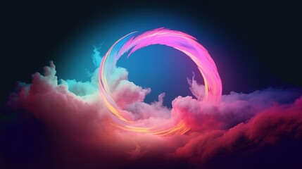 Poster - magical neon air ring in clouds colorful background, magical neon ring, ring in the cloud. Generative AI