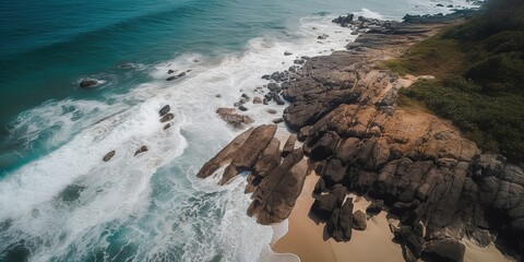 Poster - A beautiful picture of a rocky beach with a cliff from above.Aerial view. Panoramic shot. Generative AI