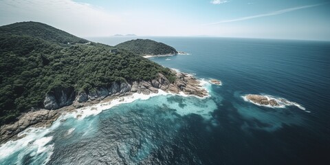Poster - View from the height of the sea with a mountain.Aerial view. Panoramic shot. Generative AI