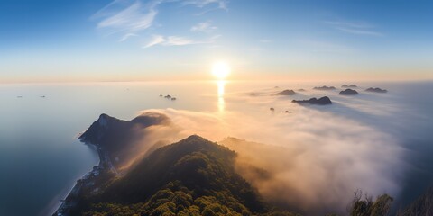 Poster - View from the height of the sea at dawn.Aerial view. Panoramic shot. Generative AI