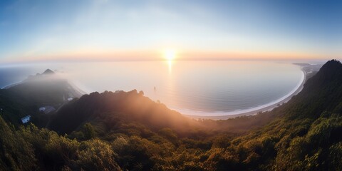 Poster - View from the height of the sea at dawn.Aerial view. Panoramic shot. Generative AI