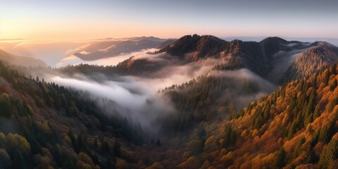 Poster - A view from a height of a mountain peak with green trees in the fog.Aerial view. Panoramic shot. Generative AI