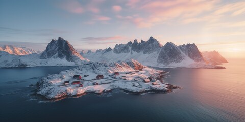 Poster - Winter landscape top view of snow-capped mountains with houses at the beginning of the mountain.Aerial view. Panoramic shot. Generative AI