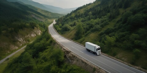 Fototapete - View from the height of the road with a truck.Aerial view. Panoramic shot. Generative AI