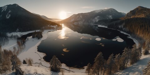 Poster - View of the lake among the mountains.Aerial view. Panoramic shot. Generative AI