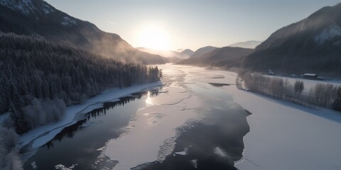 Poster - View of the lake among the mountains.Aerial view. Panoramic shot. Generative AI