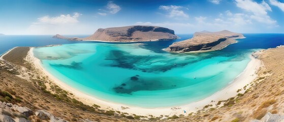 Poster - A beautiful picture of a rocky beach with a cliff from above.Aerial view. Panoramic shot. Generative AI