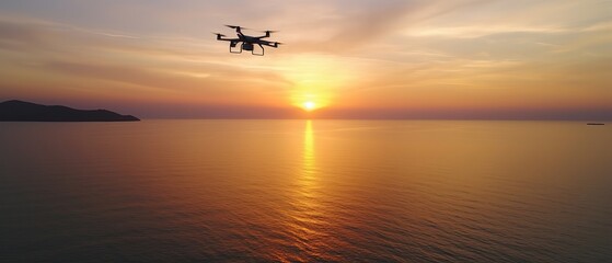 Poster - Sunset view in the sea with a drone.Aerial view. Panoramic shot. Generative AI