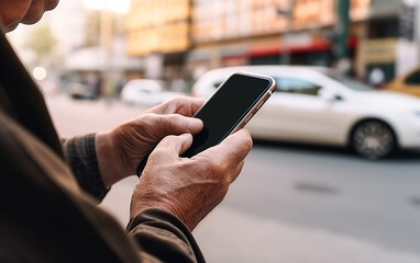 Senior older hands using smart phone on the street as if ordering or waiting for a car service. Generative AI