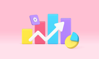 Poster - Business graph increase bar diagram up arrow success management data analyzing 3d icon vector