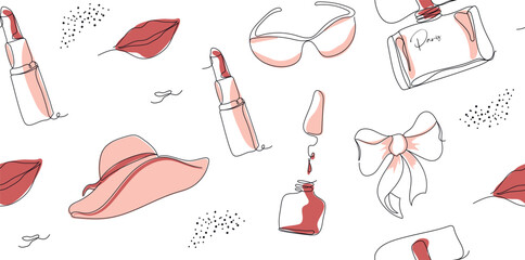 elegant single line seamless background with trendy elements. glasses, hat, lips, dot in a minimalis