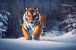 Endangered Amur tiger running in the cold winter snow in tajga, generative AI