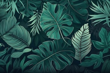 Wall Mural - Abstract background of tropical green leaves.Beautiful, minimalistic print for your decor for postcard, congratulations and poster. Generative AI