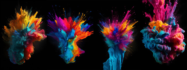 Creative set of bright colored dry paint splatter explosions. Generative AI