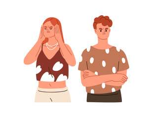 Poster - Misunderstanding in couple relationship. Angry upset woman and man in conflict, crisis, problem. Disagreement, miscommunication concept. Flat graphic vector illustration isolated on white background