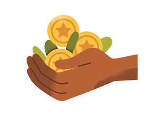 Rich wealthy hand holding golden coins, cash heap. Wealth, finance, financial fortune, prosperity concept. Gold earnings, reward, bonus. Flat vector illustration isolated on white background