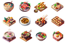 Set Of 3d Japanese Food Icons, Ramen Noodle, Sashimi, Tempura, Tonkatsu, Sushi, Curry Rice, Yakitori, Takoyaki, Shabu, Yakiniku, Beef Rice, Bento Rice, Isolated On White Background, Ai Generate