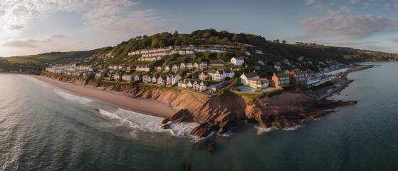 Poster - View from the height of a sandy island in the middle of the sea with a city.Aerial view. Panoramic shot. Generative AI