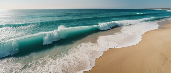 Poster - Top view of a beautiful tropical beach with sea waves.Aerial view. Panoramic shot. Generative AI