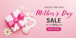 3d Rendering. Mother's Day Sale Banner illustration. Gift box and heart shape, flower on pink background.