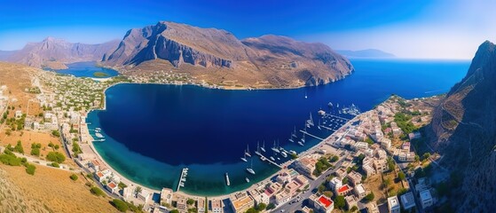Poster - View of the island in the middle of the sea with clear blue water and green palm trees.Aerial view. Panoramic shot. Generative AI