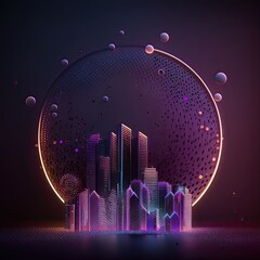 Futuristic of neon glowing in circular shape, cityscape. Cyberpunk in buildings view with digital design. Generative AI.