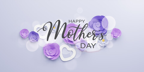 3d Rendering. Happy mother's day illustration. purple rose flower and heart shape, bokeh on purple background.
