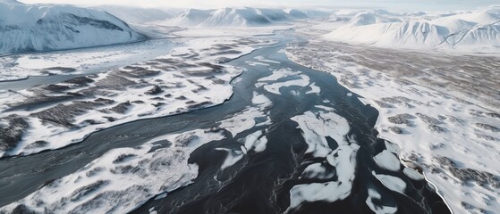 Poster - View from the height of the river with ice mountain river.Aerial view. Panoramic shot. Generative AI